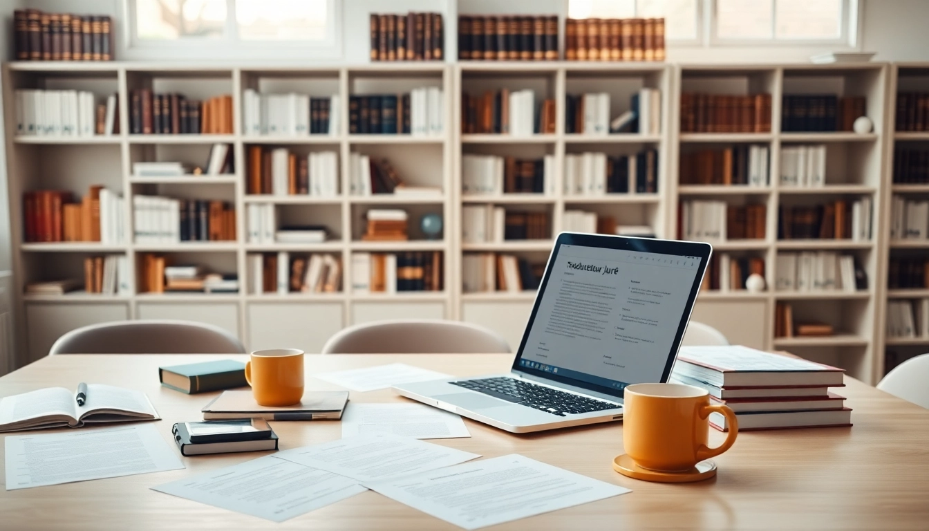 Espace de travail d'un traducteur professionnel avec un ordinateur portable, des documents et des dictionnaires bilingues axés sur les services de traducteur juré.