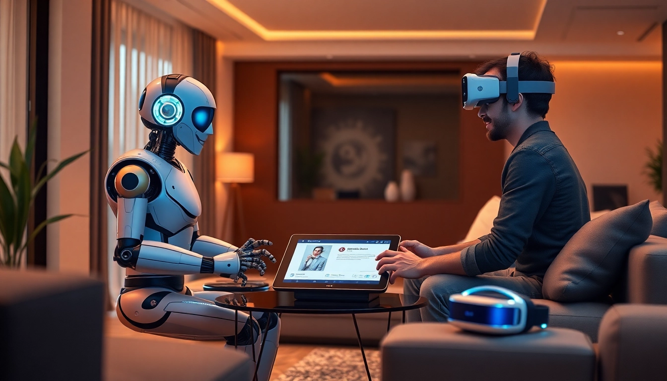 AI sex bot interacting warmly with a human in a modern, inviting space.