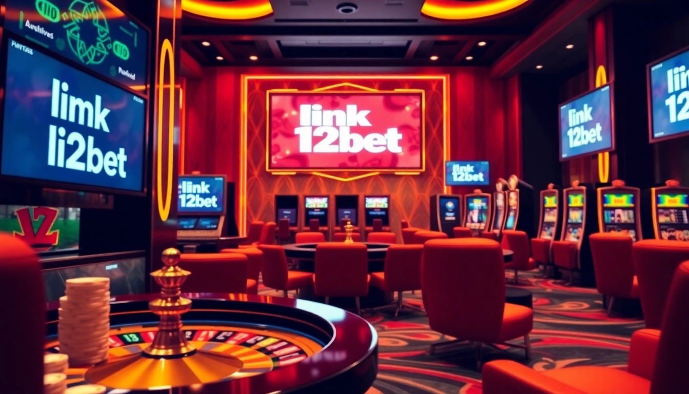 Experience thrilling gambling action with the link 12bet showcased prominently in a luxurious casino setting.