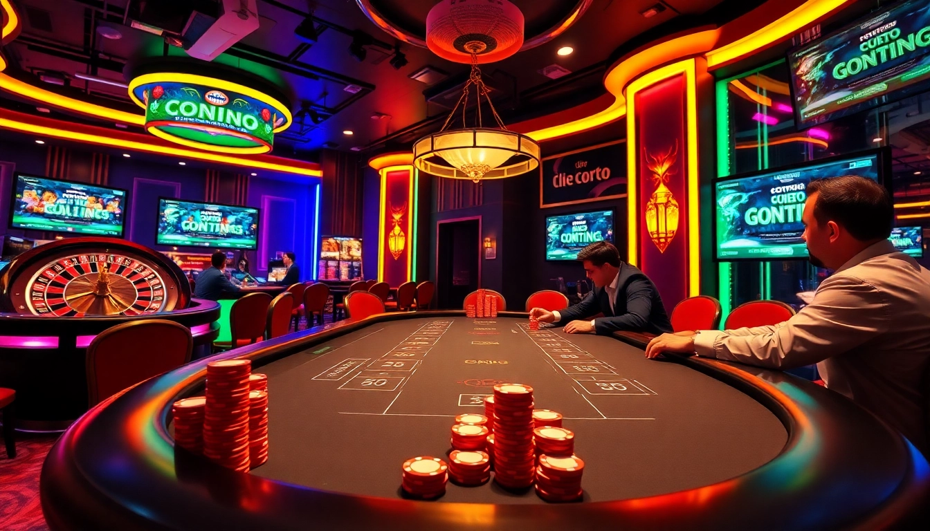 Engaging players enjoying games at a crypto online casino table with vibrant lights.