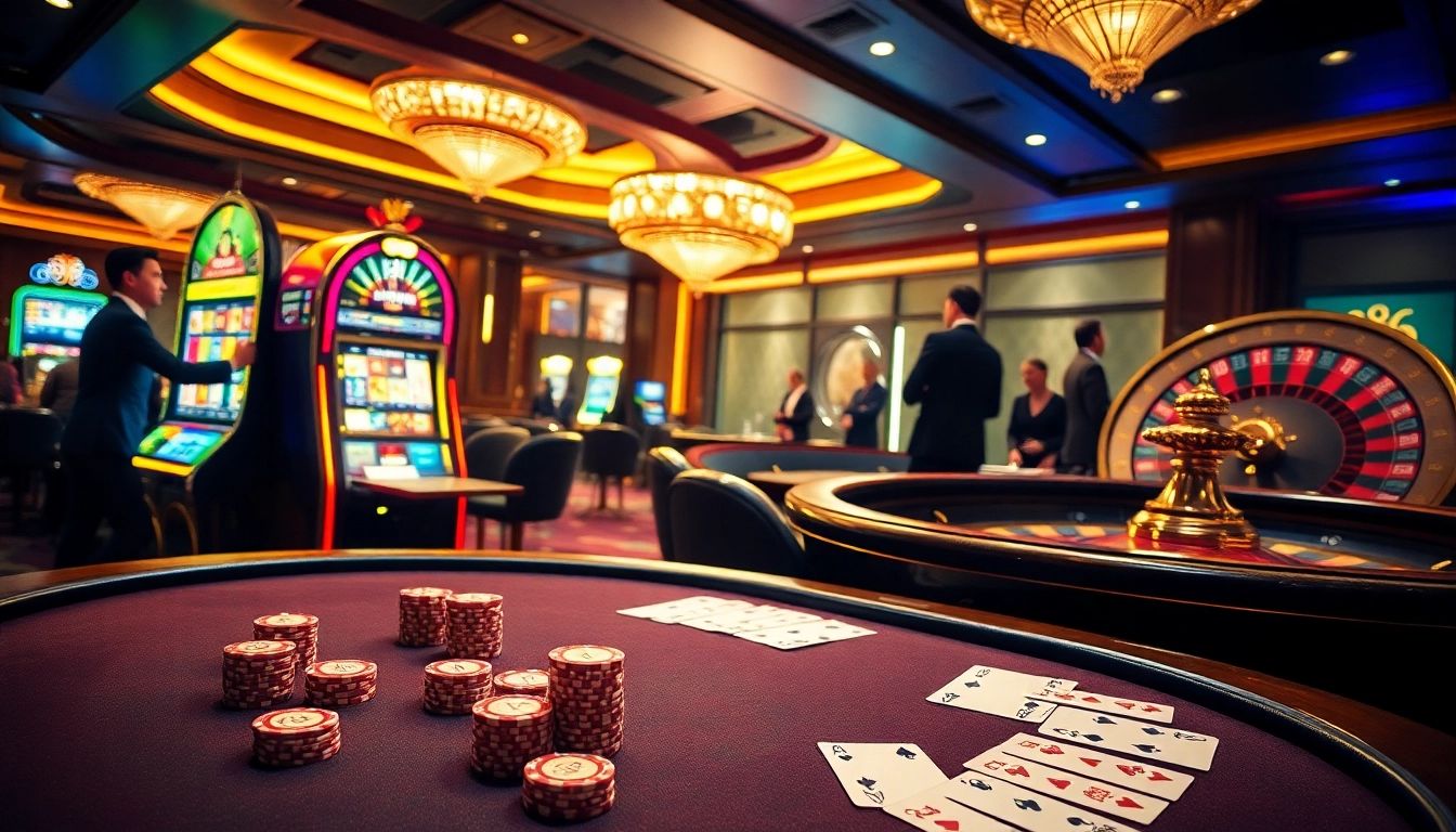 Exciting gaming experience at u888 with vibrant poker table and slot machine.