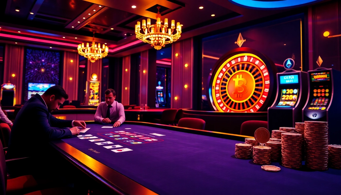 Engaging gaming setup at a crypto online casino showcasing tables and crypto symbols.