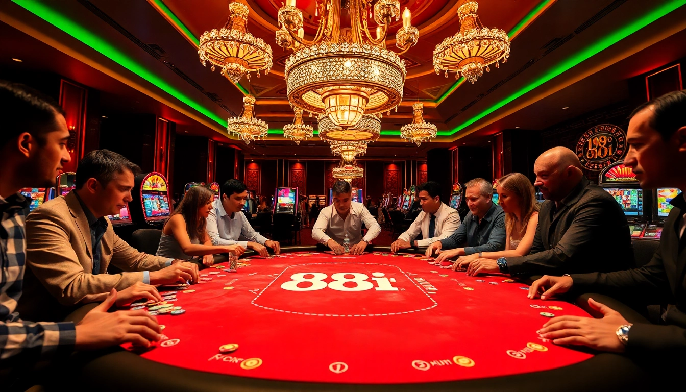 Players fiercely competing at a captivating 88i poker table amidst bright casino lights and colorful chips.