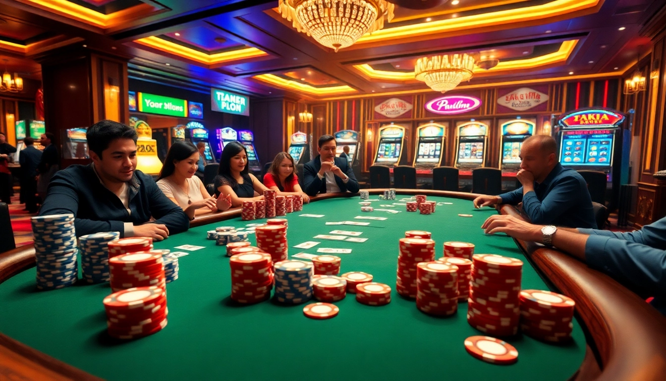 Players enjoying a thrilling game at https://789winlink.net/ poker table surrounded by vibrant casino elements.