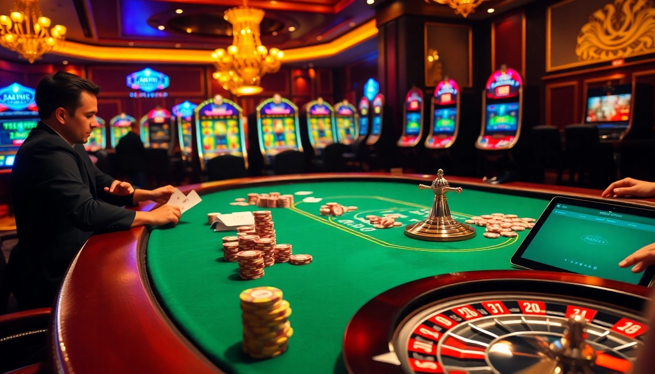 Players strategizing at a Bk33 casino poker table, showcasing vibrant gaming ambiance.