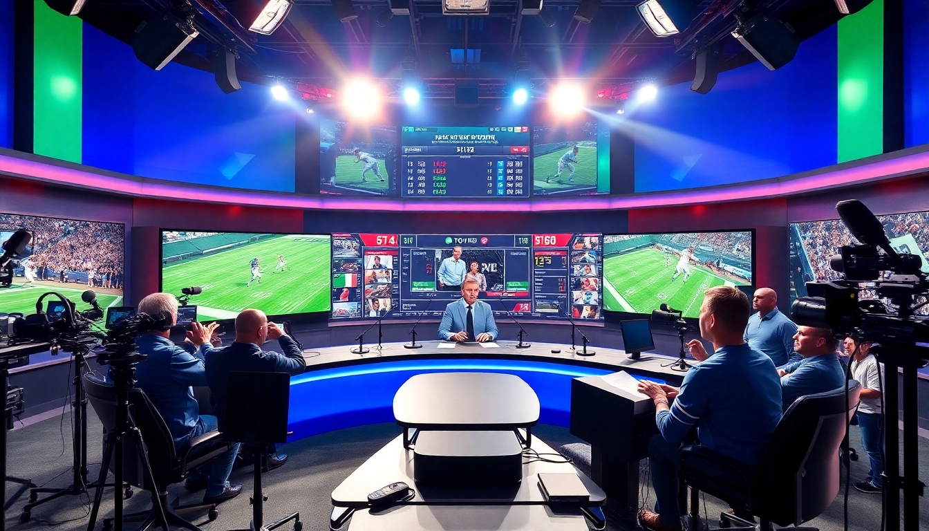 Anchors discussing Sports Broadcasting live with dynamic backgrounds and engaging visuals.