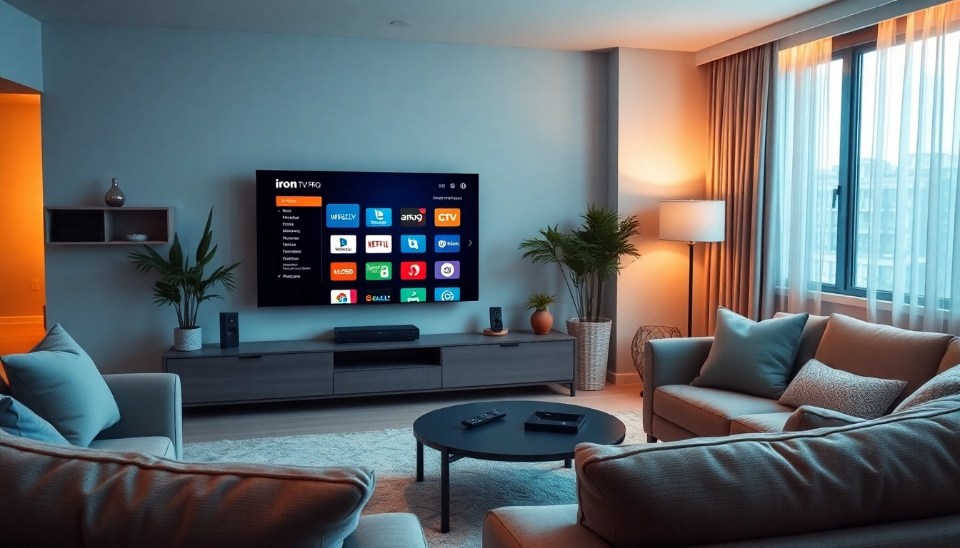 Iron tv pro interface displayed on a modern smart TV in a stylish living room.