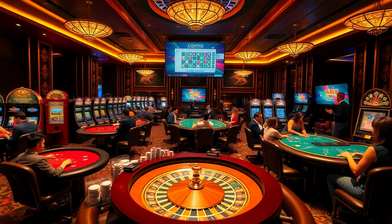 Experience the excitement of Tin Tức HM88 through a vibrant casino scene filled with action and strategy.