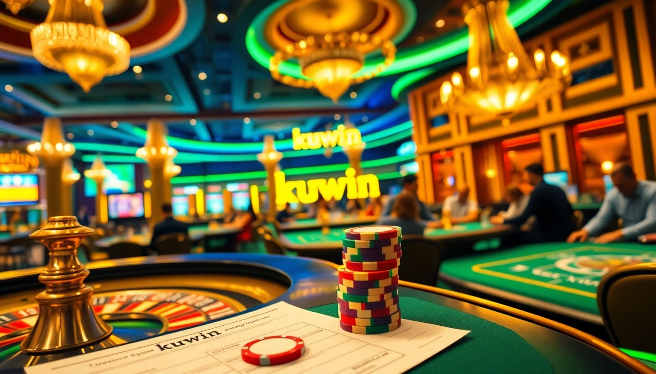 Kuwin casino scene featuring poker chips and roulette wheel, radiating excitement and luxury.