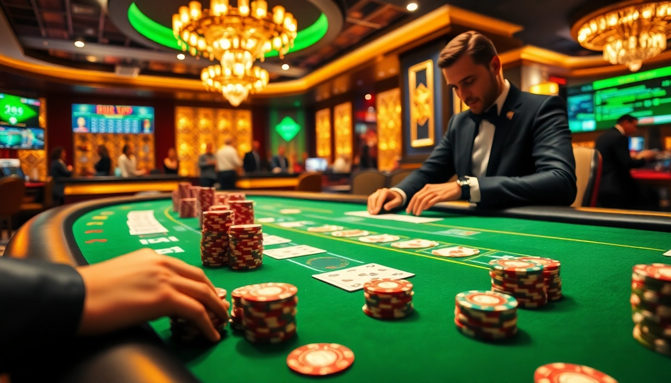 Exciting gambling scene at a RIK VIP online casino table with professional dealers and vibrant poker games.