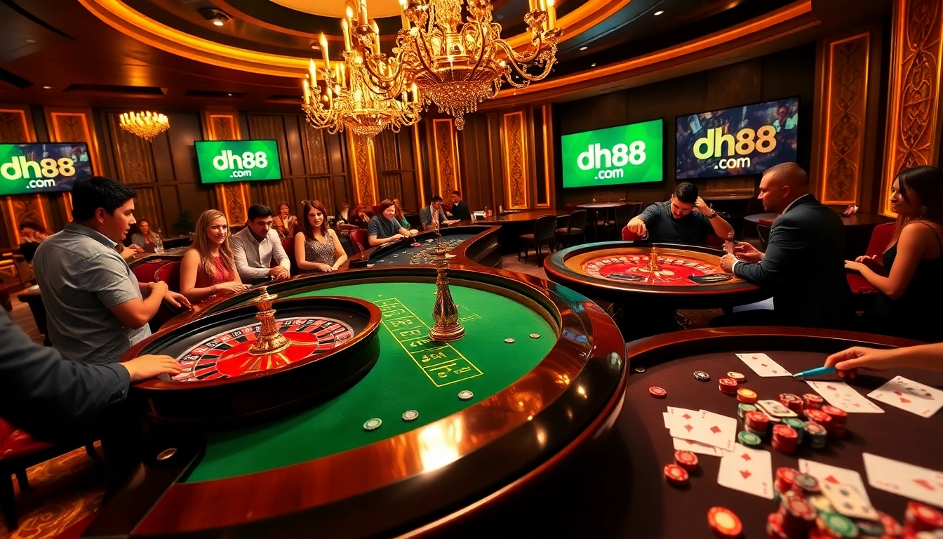 Engaged players betting at a roulette table and poker game at dh88 com casino.