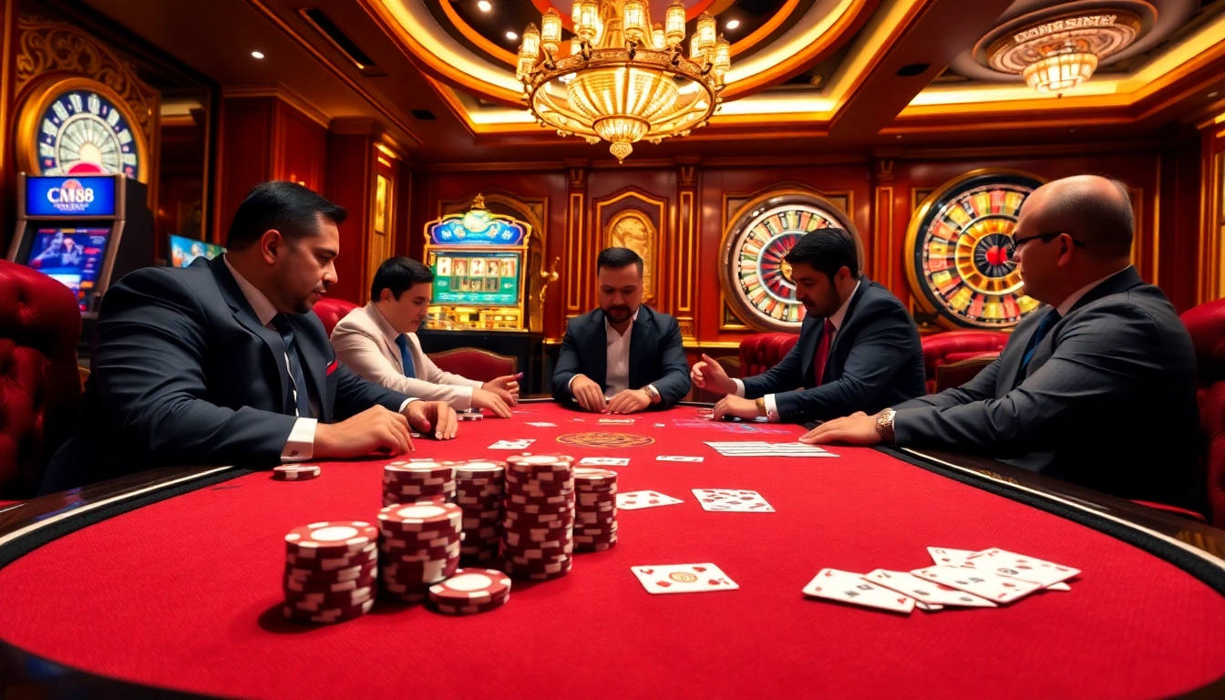 CM88 poker chips on a luxurious table with players enjoying a high-stakes game.