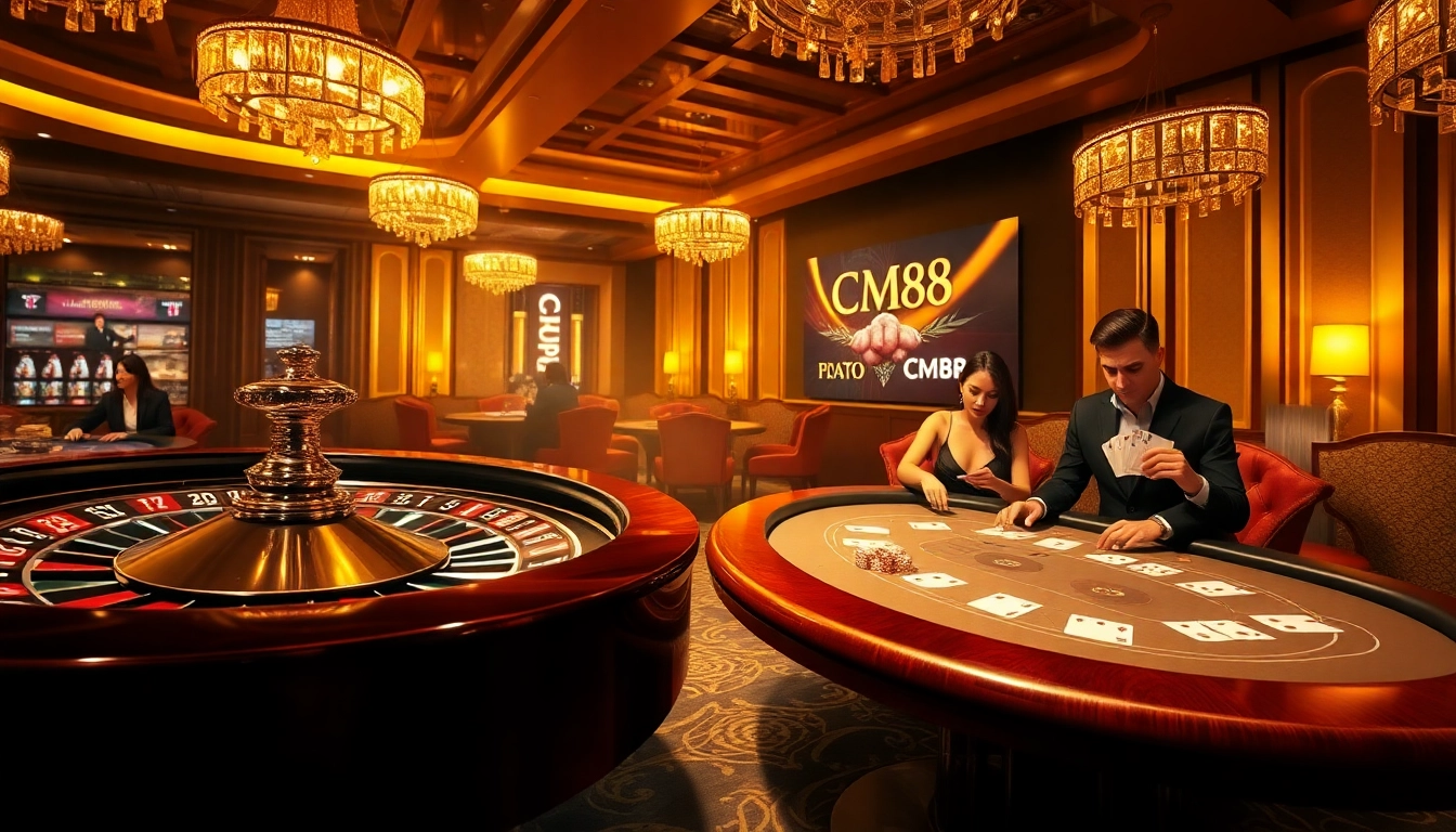 Experience high-stakes excitement with CM88-themed poker chips and roulette at a luxury casino.
